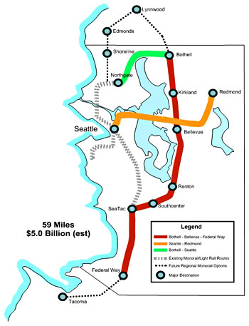 Map of proposed King County Monorail system